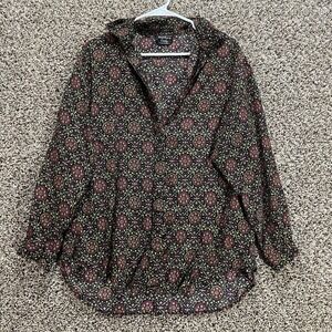 Southern Lady Vintage Button Front Blouse Black Red Gold Medallion Print USA *XL